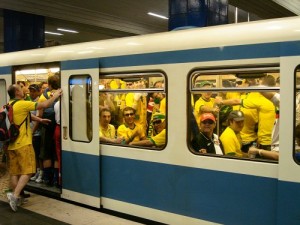 Bus crowded with Brazilian soccer fans