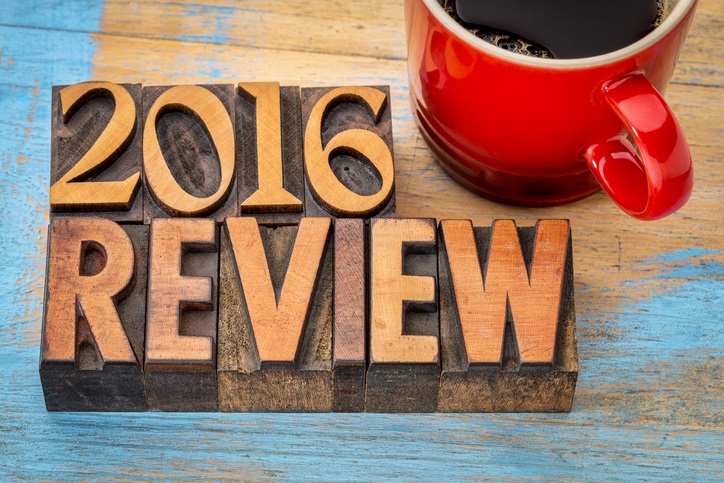 2016 review banner - text in vintage letterpress wood type block with a cup of coffee