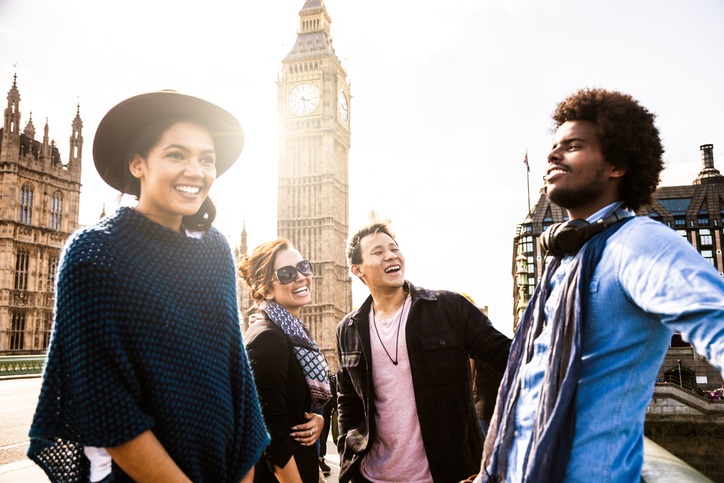 Multi cultural group of friends hanging out in Central London