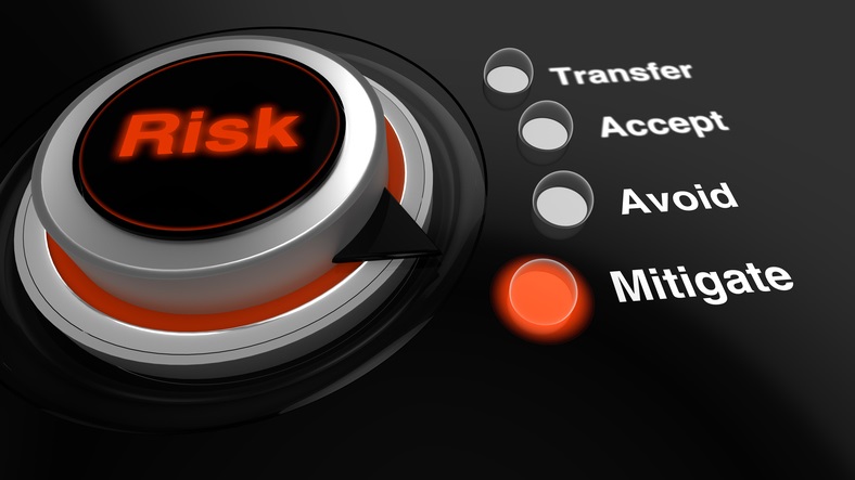 Rotary knob with the word risk in red turned to mitigate with a glowing LED switched on